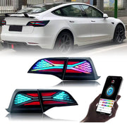 Tesla Model 3/Y 18-23 RGB tail lights with smartphone control, showcasing vibrant RGB tail lights.