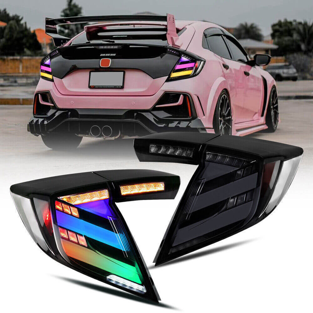 Aftermarket RGB LED Tail Light Assembly with Sequential Z-Bar Fits Honda Civic Hatchback 2016–2021