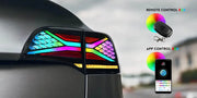Tesla Model 3/Y RGB tail lights featuring remote and app control for customizable colors.