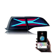 Tesla Model 3/Y RGB tail lights showcasing vibrant colors with smartphone controller for customizable lighting.