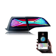 Tesla Model 3/Y 18-23 RGB tail lights with smartphone control for customizable lighting options.